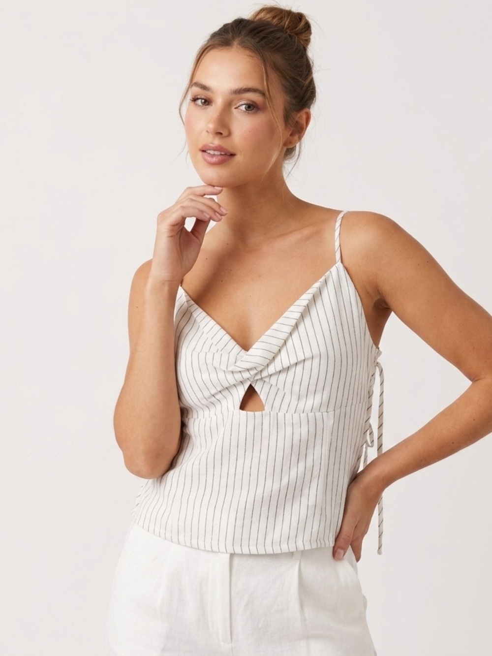 Sienna Sky Pinstripe Twist Front Cutout Cami Top XL Coastal Linen Blend